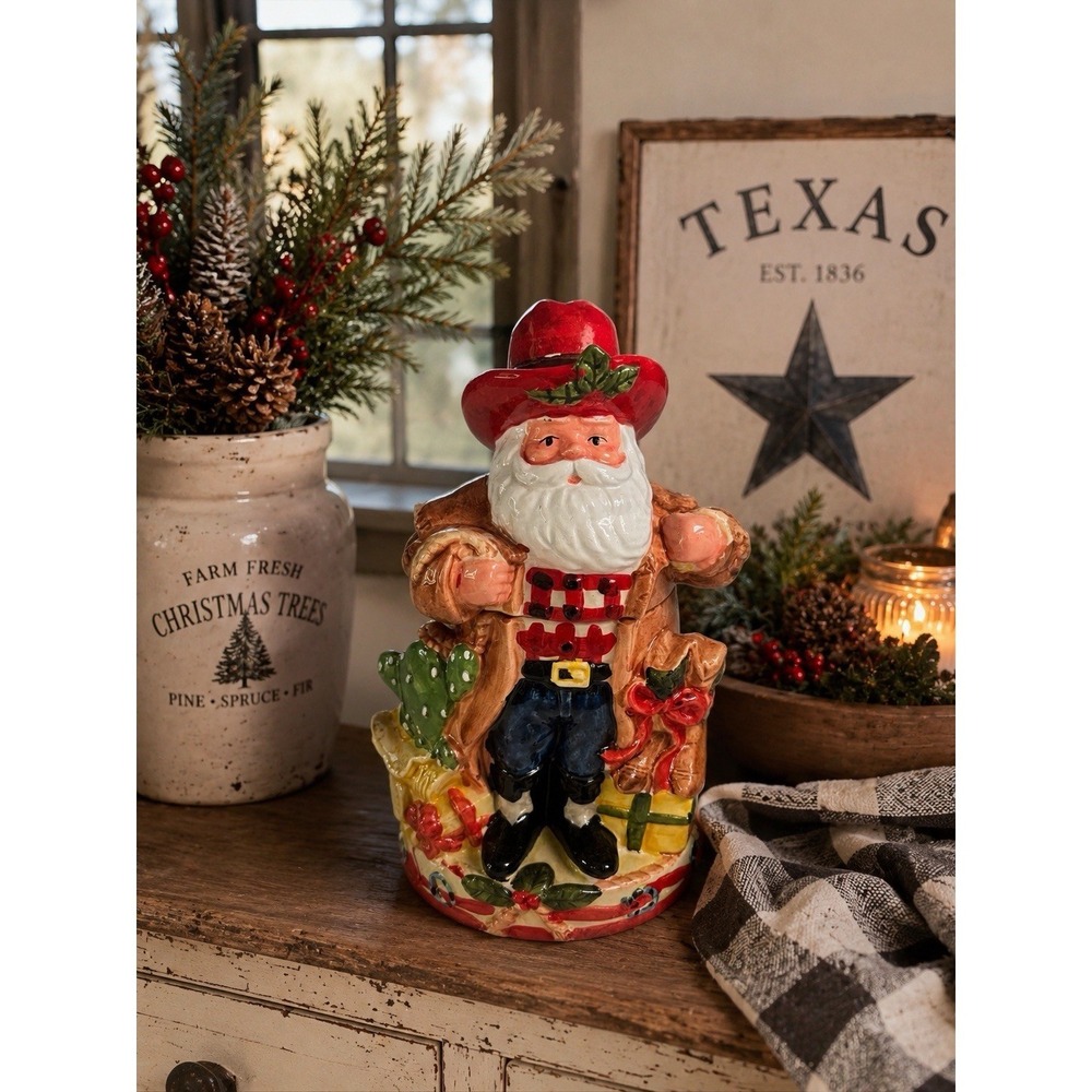 Home For The Holidays Ceramic Cookie Jar Cowboy Santa 13.5" Cactus Boots Lasso